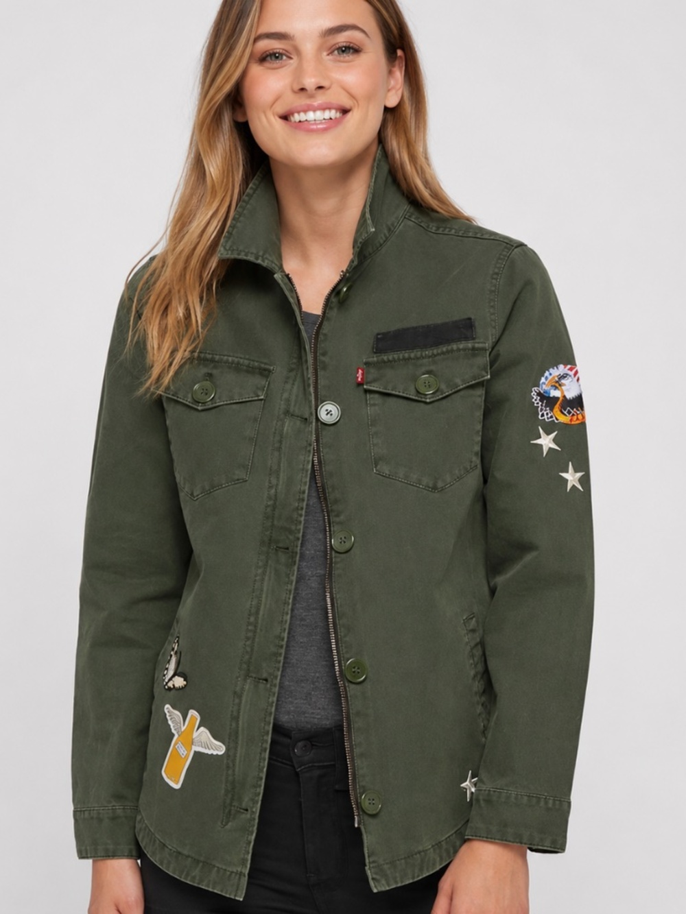 Levi’s Dark Green Military Utility Jacket with Patches – Size M